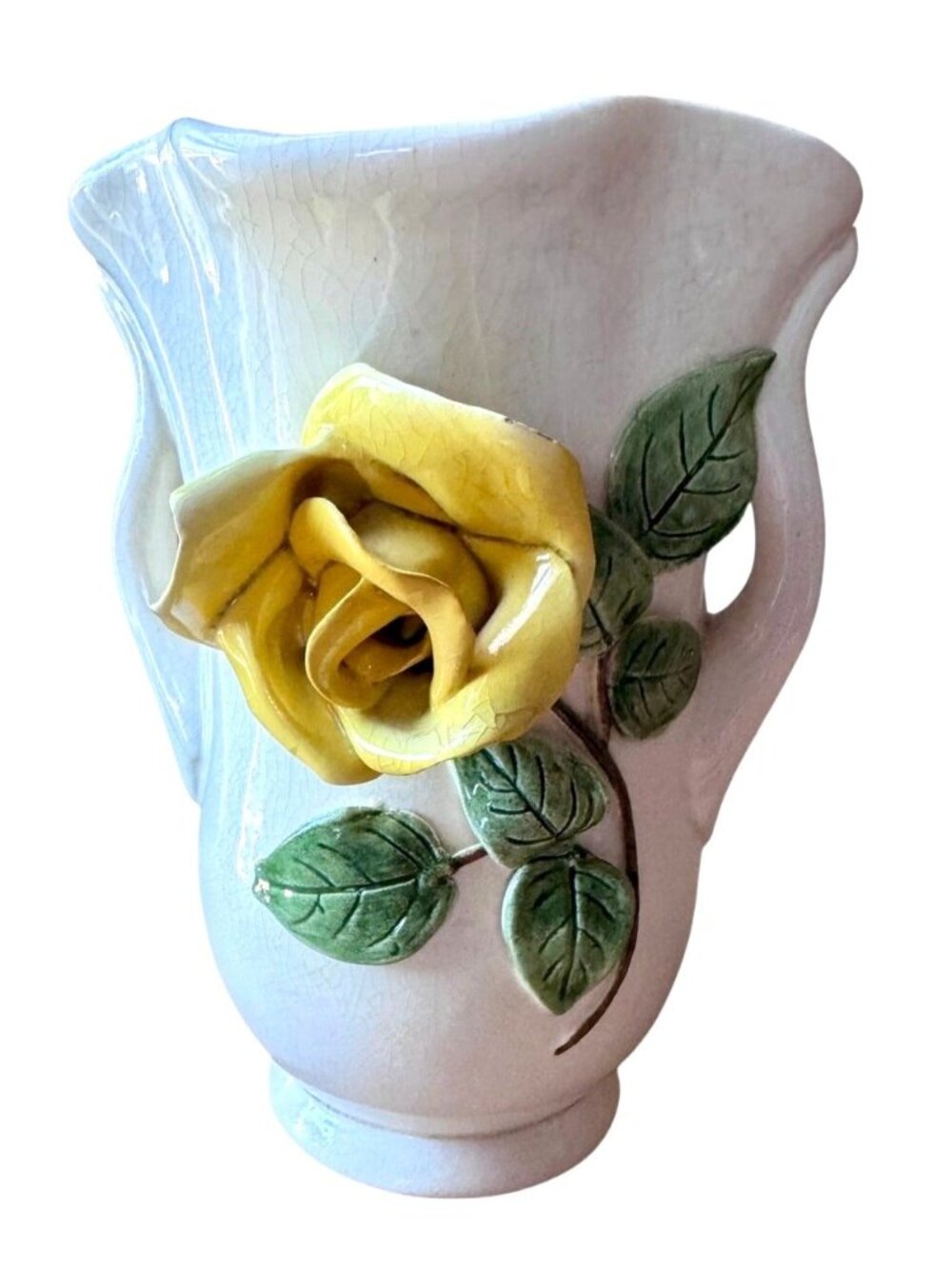 Mid-Century Ceramic Vase With Yellow Rose & Crackle Glaze Finish